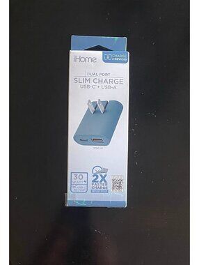 IHOME AC Pro 30W Dual Port Wall Charger USB-C+USB-A Blue